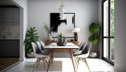 Modern dining room interior design with white wall. Generative AI.