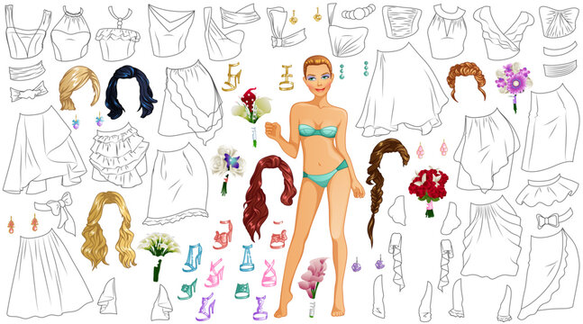 Bridesmaid Coloring Paper Doll with Outfit, Hairstyles, Accessories and Flower Bouquet. Vector Illustration