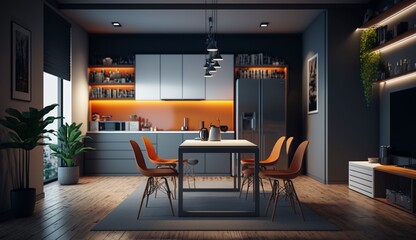 Fototapeta premium Modern interior room with furniture, TV room, Office room, Dining room, The kitchen. Generative AI.