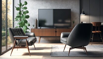 Modern living room interior armchair, TV on cabinet in modern living room. Generative AI.
