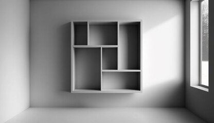 Shelf in modern empty room, minimal design. Generative AI.