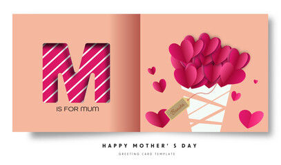 Happy Mothers Day banner. Holiday background with big heart made of orange and red Origami Hearts on soft pink background with paper cut Mom text. Design for fashion ads, poster, flyer, card, website