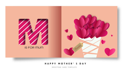 Obraz premium Happy Mothers Day banner. Holiday background with big heart made of orange and red Origami Hearts on soft pink background with paper cut Mom text. Design for fashion ads, poster, flyer, card, website