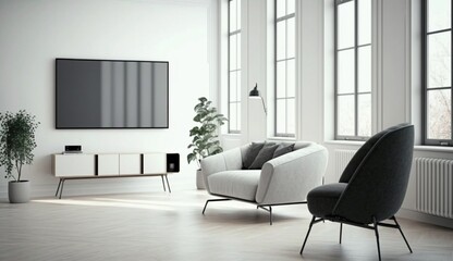 Smart TV on the white wall in living room with armchair and sofa, minimal design. Generative AI.