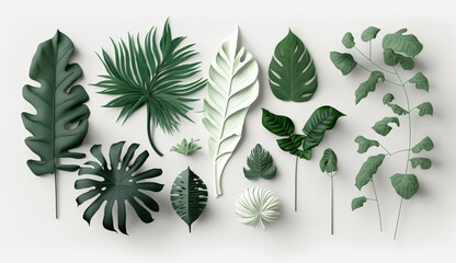 Topical Green Leafs set in solid white background .Generative AI.