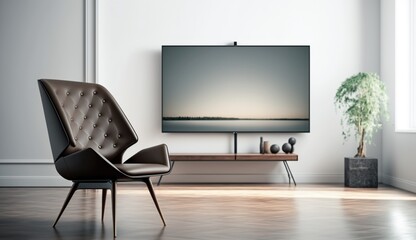 Smart TV on the white wall in living room with armchair, minimal design. Generative AI.