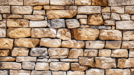 Obraz premium Texture of a stone wall in light brown tones, rocky backdrop wallpaper.