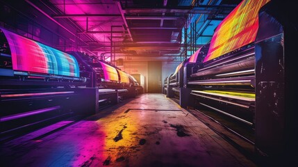 The futuristic modern printing press with printing machines at night