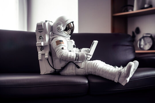 Astronaut using tablet pc while sitting on sofa at home. Generative AI