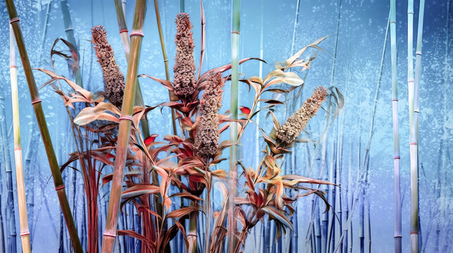 A giant reed plant with blue leaves and flowers was photographed - generative ai.