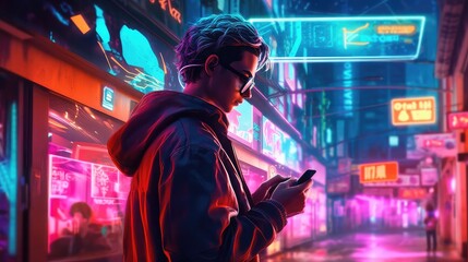 Artists imagination of playing a game on the street, young boy is holding a gaming device on the street 
