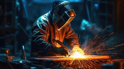 An welder is welding a metal sheet at night and fire spark is coming of out of welding machine, man is wearing protective gear an suites and light is reflecting from his dress