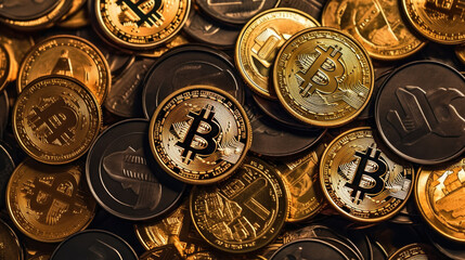 treasure btc currency banner, illustration of a stack of bitcoins in a digital wallet created with Generative AI technology