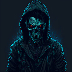 A zombie hacker, digital cod matrix face wallpaper background, cyber security concept image, created with generative AI