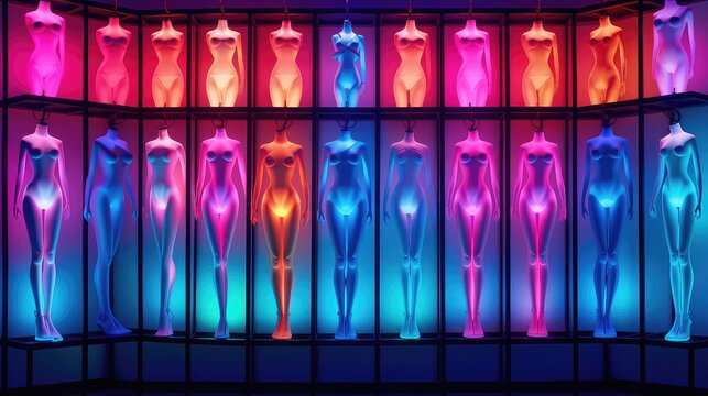 Modern and Futuristic bikini selling shop with neon light, lingerie display in a shop