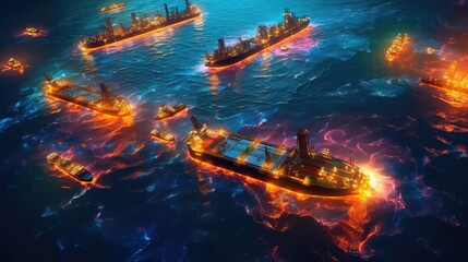 Areal view of anchored cargo ship at night