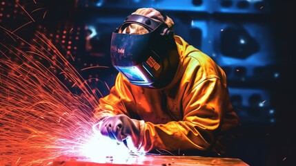 The skilled worker in the manufacturing plant diligently wears his safety gear as he expertly welds metal, showcasing the dedication to worker safety and the precision of the heavy-duty industry