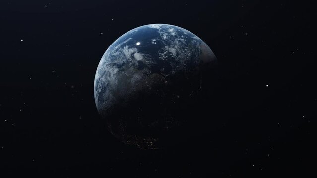 Photo realistic 3d earth slowly spinning on space background. Animation of Planet Earth rotation