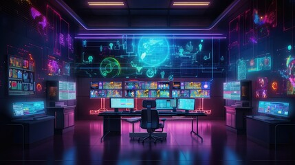 Creative concept and artist impression ideas and illustration of a large control room of a Production plant for any types of manufacturing and production factory, 