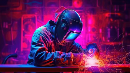 The man is diligently working in the manufacturing plant, wearing his safety gear for welding, as sparks fly and the heavy-duty machinery hums in the background, showcasing the dedication and expertis