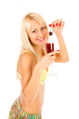 pretty long hair blond in bikini with glass of coctail