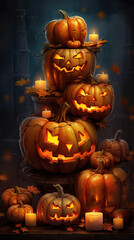 A spooky pyramid of jack-o-lantern and candles in the dark. Glowing scary smirk carved in a pumpkin. Traditional halloween decorations. Vertical greeting card or banner. Generative ai
