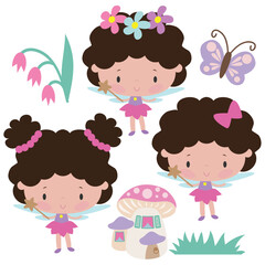 Cute little curly garden fairy vector cartoon illustration