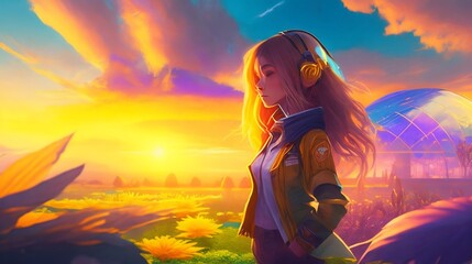 A yang girl tending to a futuristic greenhouse on a terraformed planet