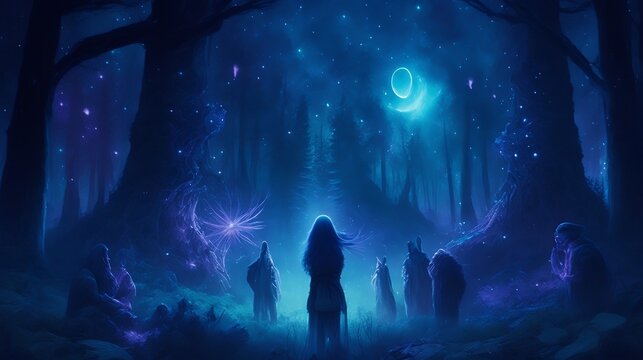 A psychic empath connecting with a group of peaceful alien beings in a forest clearing