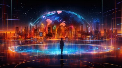 man standing in front of e-city concept illustration or 3D Virtual City displaying the city protection and security concept, creative illustration of modern electronic hybrid city and data transfer 