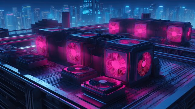 Air conditioning unit or system on the rooftop of the buildings shows a carbon footprint under uv lighting and contributes to global warming and climate change	
