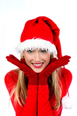 Portrait of beautiful girl wearing Santa Claus hat on white background