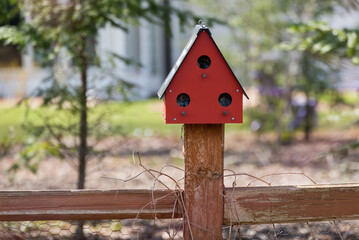 A Red Three Bedroom Birdhouse In Spring