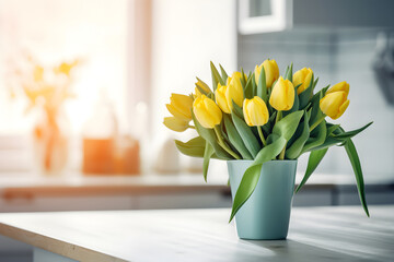 Yellow tulips in a vase on the wooden table under sunny light shining from the window. Cozy atmosphere at home. Generative AI