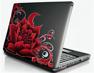 Red laptop with sunflower image on white background.  Generative AI.