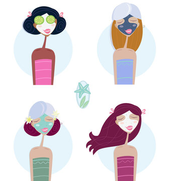 Four beautiful girls with facial mask. Take wellness treatment - Cucumber on eyes, Dead sea facial mask, Green natural peeling and Calm creme for every skin. Vector Illustration from my wellness serie