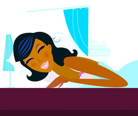 Good morning! Wake up! Young woman is resting in the bed. Lifestyle vector Illustration.
