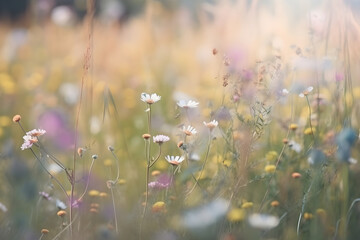 Little wild flowers, floral background with soft focus, free space for text. Generative AI