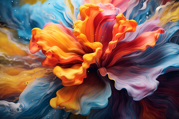 Vivid abstract floral background, colorful liquid inks in form of flower. Generative AI