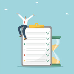 Time management and business planning, successful completion of tasks and assignments, meeting deadlines, hard work to achieve career heights, a man shouts cheers on a tablet with all completed tasks.