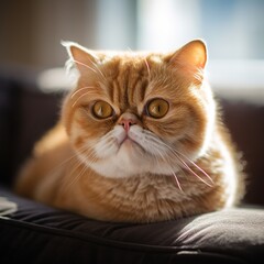 Fototapeta premium Dreamy Gaze: Exotic Shorthair Cat in Soft Morning Light