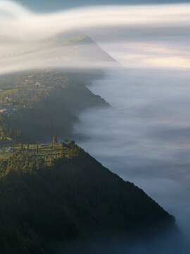Aerial view of cloud carpet over Cemoro Lawang near Mount Bromo, East Java, Indonesia