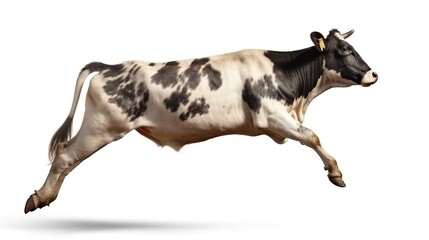 Cow isolated on white. Jumping cow. Spotted cow. Farm animals. Cow, standing full-length in front of white background. Generative AI