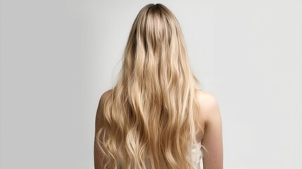 Naklejka premium Young woman with long blond hair on grey background, back view. Generative AI
