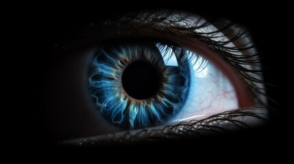 Beautiful woman  blue eye, iris. isolated on black background. Generative AI