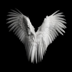 Fototapeta na wymiar Flying white angel wing isolated on black background. Generative AI