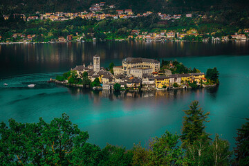 Aerial view of Isola San Giulio (St Julius Island) in Lake Orta, Piedmont, Italy