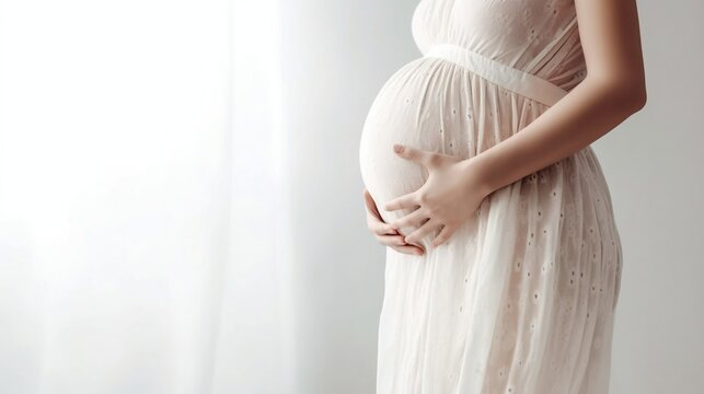 Pregnant woman in dress holds hands on belly on a white background. Pregnancy, maternity, preparation and expectation concept. Beautiful tender mood photo of pregnancy. Generative AI