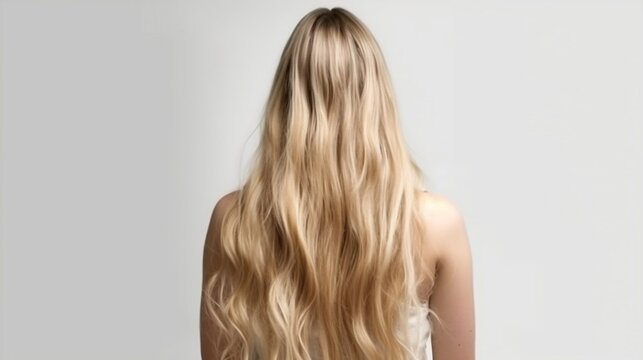 Young woman with long blond 
 hair on grey background, back view. Generative AI