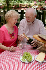 A retired couple having a picnic in the park.  The husband is opening the wine.